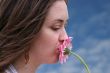 beautiful girl kissing a flower in colour