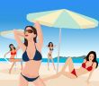 Attractive girls on exotic beach - vector