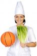 happy attractive cook woman with basketball ball