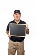 Courier holding the empty chalkboard