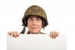 Curious soldier girl looking up