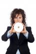 Business woman holding a dvd disc