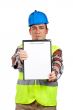 Construction worker showing a blank notebook