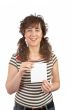 Woman holding one blank card