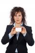 Business woman holding one blank card