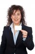 Business woman holding one blank card