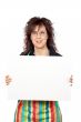Housewife in apron holding the blank banner