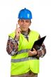 Construction worker with the finger up