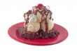 brownie ice cream sundae on white