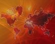 Data transfer over a map of the world red orange
