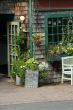 Shopfront with flowers in hanging pots