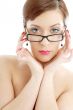 topless lady in black plastic eyeglasses