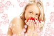 lovely blond with red and white rose petals and rendered flowers
