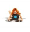playful redhead with vinyl records