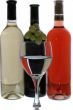 wine glasses with reflection of  wine bottles