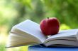  	a red apple on a book