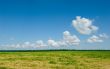 green field and blue cloudy sky background