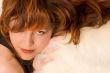 Red haired girl`s face close-up
