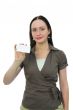 woman keeps card on white background