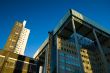 modern architecture lit in evening light