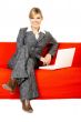 Woman on red couch