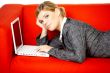 Woman on red couch