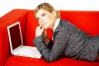 Woman on red couch