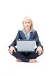 Shoeless businesswoman with laptop do meditative exercises