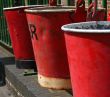 Row of red fire buckets