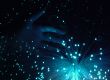 Blue hand behind optical fibres