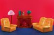 toy fireplace, sofa, lamp, armchair