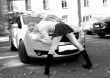 young blond sexy woman in shot skirt
