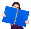 beautiful student with a blue notebook