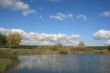 Cloudy sky over yellow autumn forest and pond