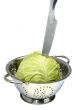 Cabbage, colander, knife on white isolated.