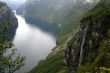 view of Geiranger fjord Norway with waterfall