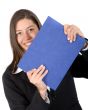 business woman holding blue folder