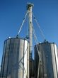 Steel grain bins and blue sky