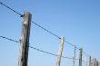 Barbed wire farm fence against blue sky