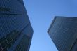 Looking up at skyscrapers