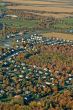 Aerial view of houses and fields