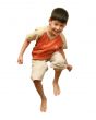 Boy jumps on white background.