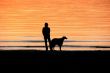 Silhouettes of a man and dog by the sea on sunset