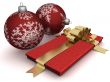 Gift box and christmas spheres. 3D image.