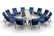 Twelve armchairs around of a poster. 3D image.