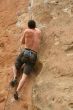 Bare back climber clinging to rock face