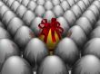 One gold egg among metal. 3D image.