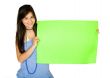beautiful girl holding a green banner