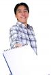 casual student offering notebook