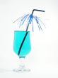one glass with blue cocktail and straw